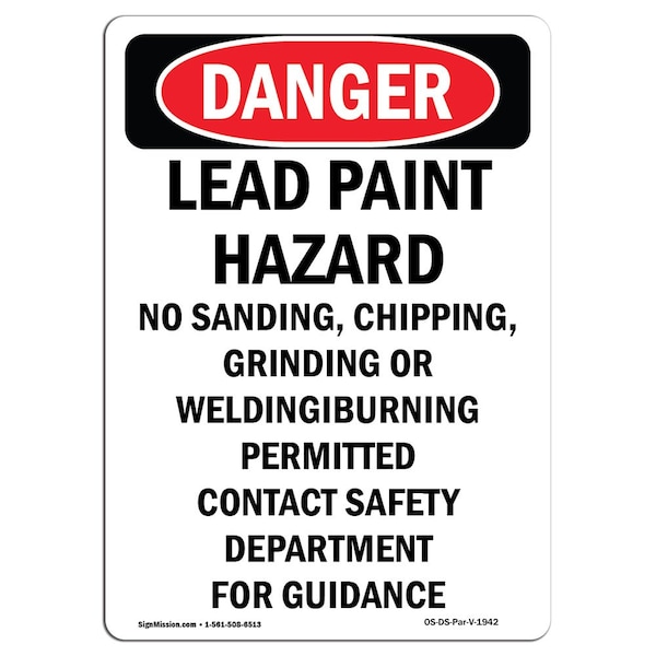 Safety Sign, OSHA Danger, 24" Height, Portrait Lead Paint Hazard No Sanding, Portrait